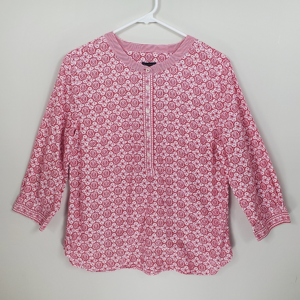 Talbots Size M Red White Tile Print Patterned Buttoned Popover Shirt Blouse